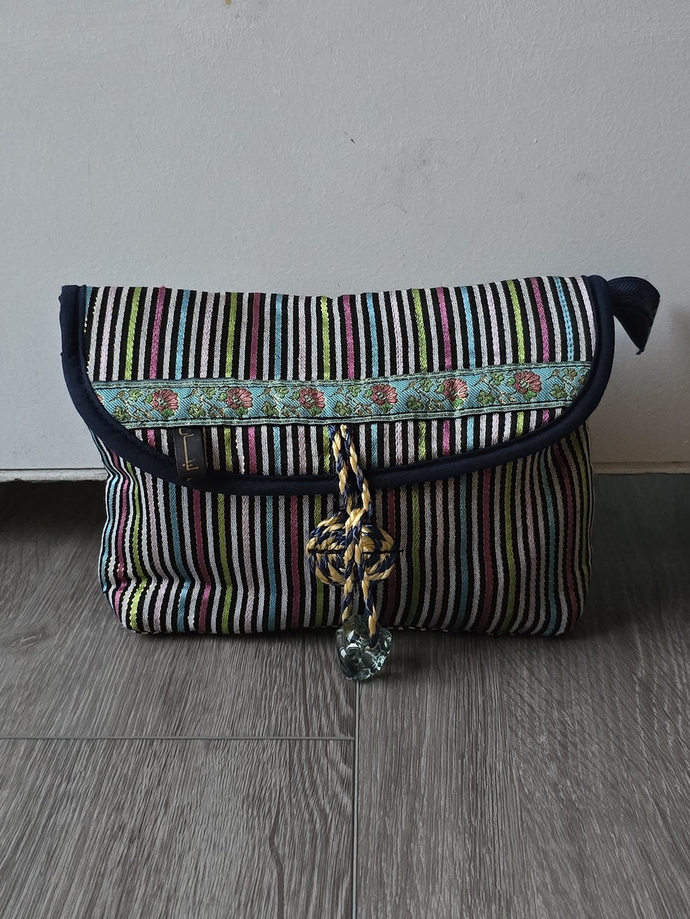 Striped Metallic Woven Clutch Bag Arabic Script Label Brocade Rope Knot Closure